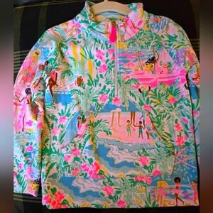 Lilly Pulitzer girl XS 2/3 Popover Colorful Tropical Print Pullover with people